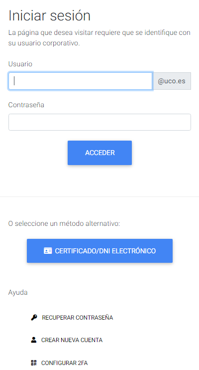 Web de autenticación de usuarios de la Universidad de Córdoba mediante usuario y contraseña