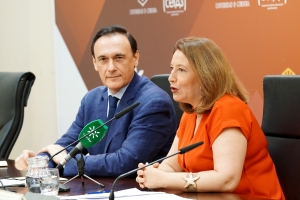 De izquierda a derecha, José Carlos Gómez Villamandos y Carmen Crespo,en su intervención ante los medios de comunicación.