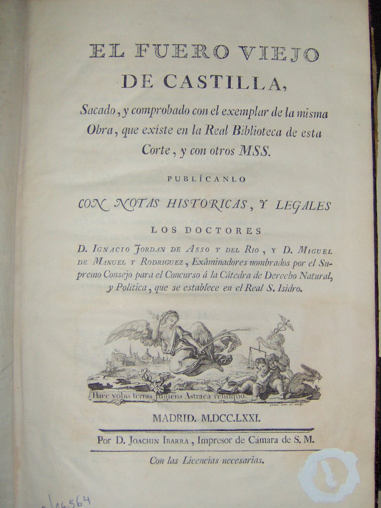Portada del libro "El fuero viejo de Castilla" (siglo XVIII)