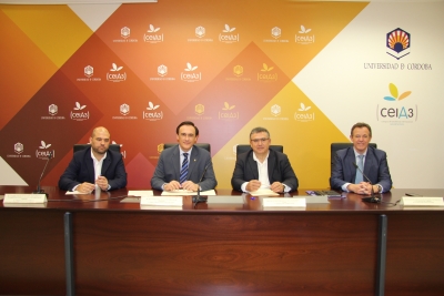 De izquierda a derecha, Enrique Quesada Moraga, José Carlos Gómez Villamandos, Bartolomé Madrid Olmo y Eulalio Fernández Sánchez, en el acto de firma del acuerdo.