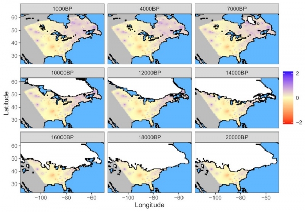 Mapa en el que se puede observar como ha cambiado la capa de hielo y las relaciones filogenéticas de las formaciones vegetales en Norte América desde el Último Máximo Glacial (hace ~22.000 años) hasta la actualidad