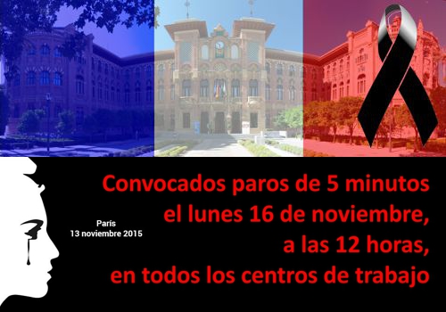 UGT y CCOO convocan en toda España paros de 5 minutos a las 12 horas del lunes 16 de noviembre para mostrar nuestra consternación por los atentados de París