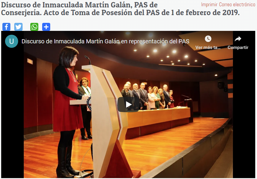 Discurso de Inmaculada Martín Galán, PAS de Conserjería. Acto de Toma de Posesión del PAS de 1 de febrero de 2019.
