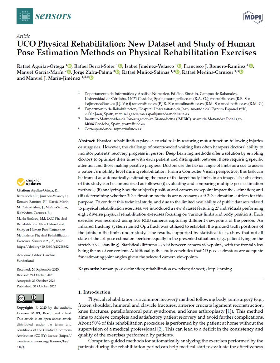 UCO Physical Rehabilitation: New Dataset and Study of Human Pose Estimation Methods on Physical Rehabilitation Exercises
