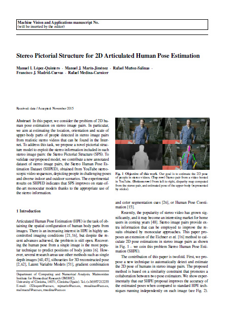 Stereo Pictorial Structure for 2D Articulated Human Pose Estimation