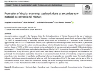 Promotion of circular economy: steelwork dusts as secondary raw material in conventional mortars. Environ Sci Pollut Res (2019)