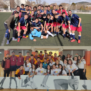 Fotos de los equipos de fútbol masculino y los de balonmano masculino y femenino de la UCO con las medallas logradas.