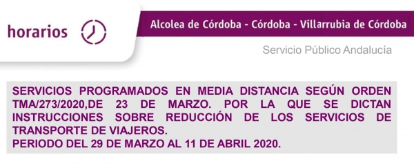 Nuevos horarios del servicio de trenes de cercanías Alcolea-Córdoba-Villarubia