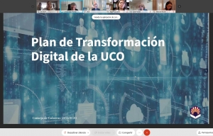 Presentación del Plan de Transformación Digital de la Universidad de Córdoba durante la sesión extraordinaria de Consejo de Gobierno celebrada hoy. 