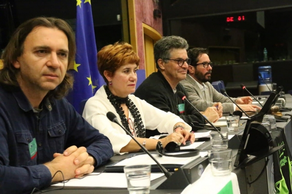 El profesor David Moscoso (dcha.)  durante una intervención sobre el problema del patrimonio viario en el Parlamento Europeo en 2018.