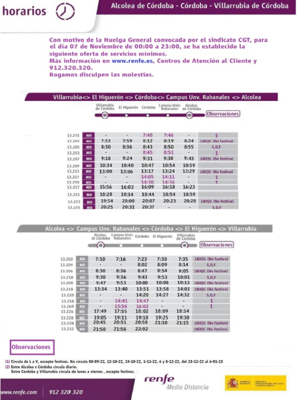 Horarios de los servicios mínimos de Renfe previstos para la huelga de trenes del lunes 7 de noviembre