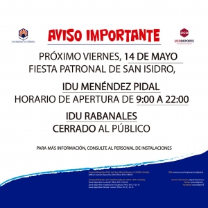 Horario de apertura de las instalaciones deportivas UCO con motivo de la fiesta patronal de San Isidro el próximo viernes 14