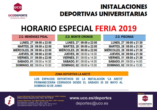 Horario Especial Feria 2019 en las instalaciones deportivas de la Universidad de Córdoba
