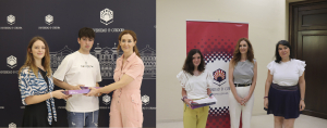 Los ganadores durante la entrega de premios junto a la coordinadora del concurso Mª Dolores Redel y Alicia Jurado