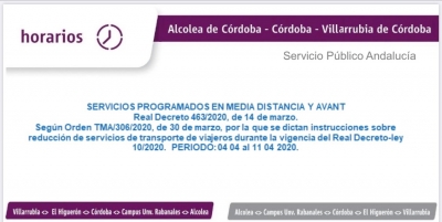 Horarios del servicio de trenes de cercanías Alcolea-Córdoba-Villarrubia, del 4 al 11 de abril