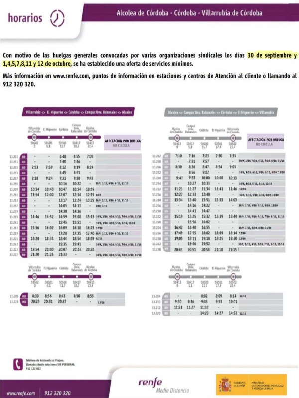 Horarios especiales del tren de cercanías a Rabanales con motivo de la huelga de los días 7, 8, 11 y 12 de octubre