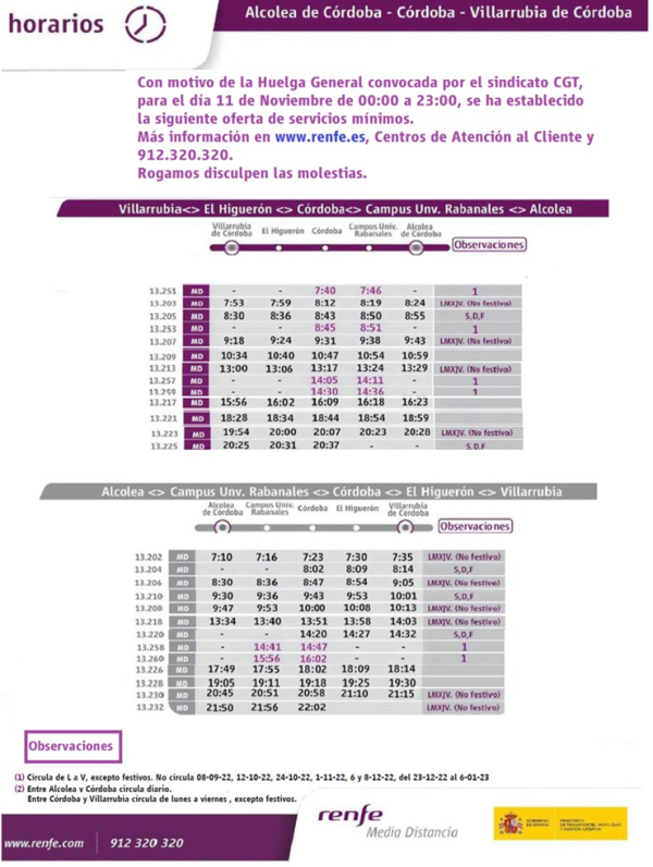 Horarios de los servicios mínimos de Renfe previstos para la huelga de trenes del viernes 11 de noviembre