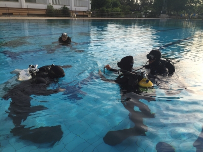 Alumnos en las prácticas de buceo en la piscinia del campus universitario de Rabanales