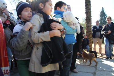 Los niños esperan, junto a sus mascotas, su turno para la bendición.