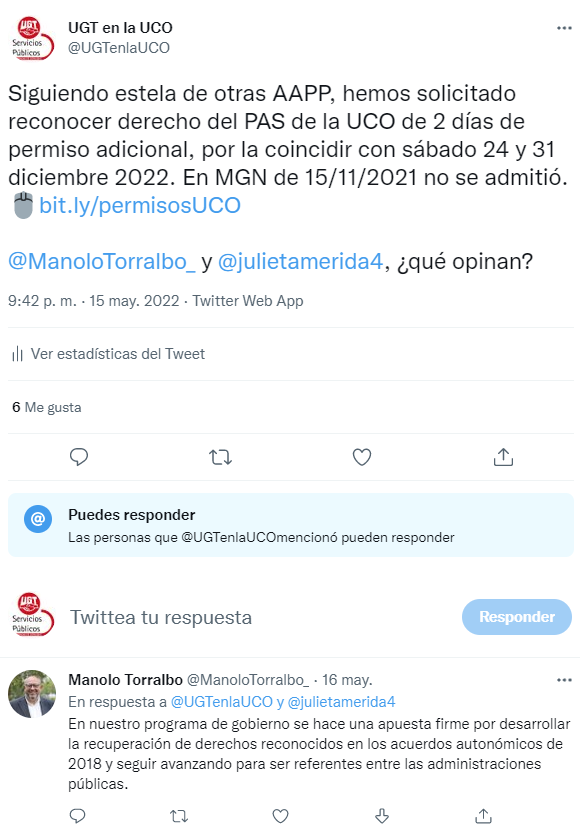 @UGTenlaUCO pregunta a @julietamerida4 y @ManoloTorralbo_ (actualizado hasta Final Campaña: 23:59 horas martes 17-5-2022)
