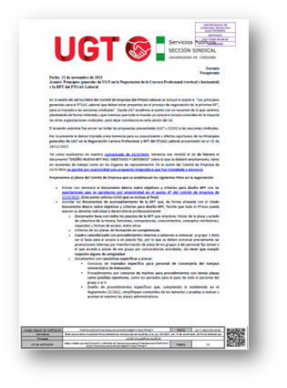 Principios generales de UGT en la Negociación de la Carrera Profesional (vertical y horizontal) y la RPT del PTGAS Laboral
